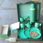 Vintage Green white Check Picnic Basket   Ware Set W Plates  Cups  Flatware