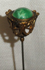 Victorian Hatpin   Gold Tone Tall Setting W marbled Green Stone   10 5    Hat Pin