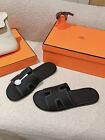 Hermes Leather Slip-on Sandals For Men Open Toes Fashion Black-colored Cowhide