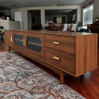 78  Mid Century Modern Tv Stand Fluted Glass Doors 2 Drawers Wood Media Console