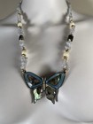 Vintage Lee Sands Mother Of Pearl Butterfly Beaded Blue Lace Agate Necklace Boho