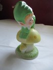 Vintage Pixie Elf On Mushroom Figurine Bisque Green Yellow Decor Woodland 4 