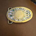 Vtg Solid Brass Heavyweight Abalone Shell Inlay Starburst Sun Oval Belt Buckle
