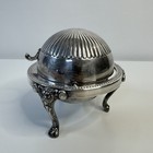 Vintage Silver Plate Roll Top Lid Caviar Butter Dish Server Lion Heads Paw Feet