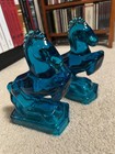 Vtg Blue Glass Le Smith Glass Rearing Horse Bookends 8     2 Horse Set Bluenique