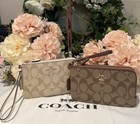 Coach Signature Canvas Double Zip Wristlet khaki saddle 2 Or Light Khaki chalk