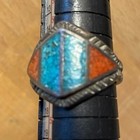 Vintage Native American Navajo Turquoise Coral Inlay Sterling Silver Ring Size 8