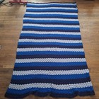 Vintage Handmade Crochet Afghan Blanket Blue Stripe Shell Pattern 48x84 Long Thr