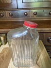 Vintage Ribbed Glass Refrigerator Water Bottle W  Red Metal Lid C1930s
