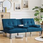 Fabric Upholstered Convertible Futon Sofa Bed W cup Holders   2 Throw Pillows