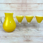 Vintage Yellow Opaline Glass Pitcher   3 Stemmed Cocktail Glasses Barware Mcm