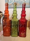 New  set Of 3  12    Tall Glass Bottles Red Orange Green  Design Front back W cork