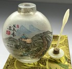 Vintage Chinese 19th Century Reverse Painted Temple Art Jade Lid Snuff Bottle