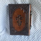 Vtg Hand Tooled Brown Leather Bible Cover Praying Hands Cross Whipstitch 10in