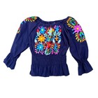 Mexican Floral Embroidered Off Shoulder Smocked Peasant Blouse Navy Blue Small