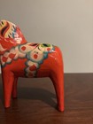 Vintage Nils Olsson Swedish Dala Orange Painted Horse 5in With Sticker Label     