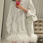 Women s Feather Trim White Shirt Dress Long Sleeve Loose Mini Dress Casual Tops