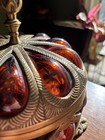 Vintage Baroque Caged Amber Bubble Glass Lidded Brass Apothecary Jar 
