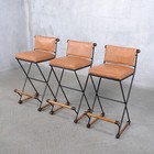 Restored Vintage Iron And Oak Barstools With Leather Cushions