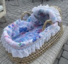 Vtg Woven Bassinet Baby Moses Pet Carrier Doll Basket Handles Blue Pink Bedding