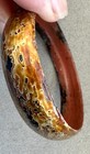 Vintage Antique Lacquered Wood Wide Bangle Bracelet Asian Red Inside Marbled Out