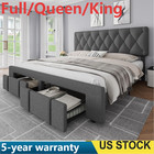 Full Queen King Bed Frame  Upholstered Platform Bed Frame With 2 Storage Drawers
