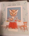 Vintage 1950s Paper Doll Kitty Cat Birthday Greeting Card Kitten Cake Ice Cream