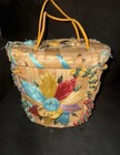 Vintage Wicker Floral Handwoven Storage Basket Handbag W  Handle   Fitted Lid 