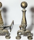 1920s Pair Of Cast Iron Hammered Bronzed Fireplace Andirons Cannonball Crown 18   