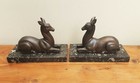 Pair Art Deco Bronzed Spelter Deer Fawn On Marble Base Stylish Decor 