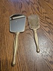 Vintage Hand Held Vanity Mirror   Hair Brush Set Of 2 Floral Design Gold Tone