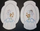 Vintage Embroidered Doilies Mirror Image Ladies With Flowers Linen Dresser Set 2