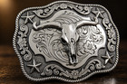 Longhorn Steer Skull Belt Buckle Western Rope Edge Stars Floral Silver Tone Men