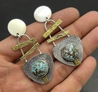 Natural Tibetan Turquoise Statement Earrings Geometric Dangle Two Tone Style