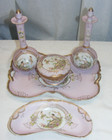 Vintage Japan Vanity Set Cherub Design Pin Tray Powder Jar Perfume Bottle 21d