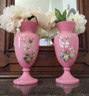 Pair Antique Victorian Hand Painted Bristol Pink  Glass Vases Tall 11 5 
