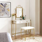White Vanity Makeup Dressing Table Set W stool 2 Drawer mirror Jewelry Wood Desk