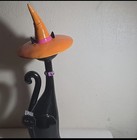 Bella Lux Ceramic Black Cat Figurine With Orange Witch Hat Halloween Decor