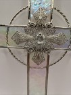 Vtg Stained Glass Cross Sun Catcher Pink Purple Iridescent Twisted Metal 9x5   