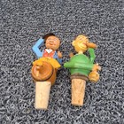Vintage  Mechanical Wood Hand Carved Wine Stoppers bottle Toppers Pair