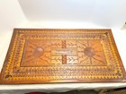 Vintage Carved Wood   Leather Coffee Table South American Folk Art Mid Century