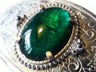 Vintage Silver Tone Metal Belt Buckle Etched Scrolling  Green Oval Center Jewel 