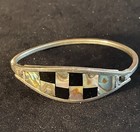 Vintage Alpaca Mexico Silver-tone Abalone Black Checkered Bangle Bracelet