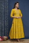Indian Women Yellow Rayon Embroidered Anarkali Flare Kurta Kurti Beautiful Dress