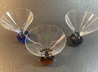 Set 3 Vtg Martini Cosmo Cocktail Glass Bubble Ball Base Stem Blue Amber Lavendar