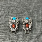 Vtg Native American Navajo Indian Stc Watch Tips Turquoise Coral Sterling Silver