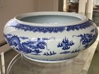 Vtg Mid-century Chinese Porcelain Blue   White Planter Bowl Dragon Chasing Pearl