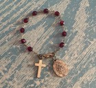 Vintage Rosary Beads Bracelet ruby Colored Crystals mother Mary Medal crucifix