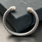 David Yurman Sterling Silver 18k Gold Pave Diamonds 7mm Cable Cuff Bracelet M