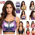 Us Women Glossy Pu Leather Crop Tank Top Front Zipper Back Vest Mini Bralette